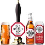 Old Speckled Hen branded glass, pump font, bottle and can