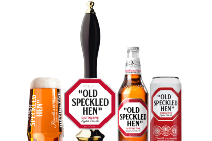 Old Speckled Hen branded glass, pump font, bottle and can