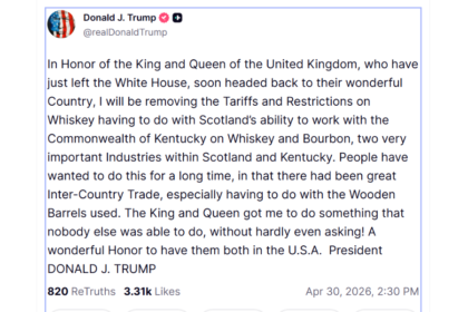Donald Trump#s post on Truth Social regarding scotch whisky tariffs on 30 April