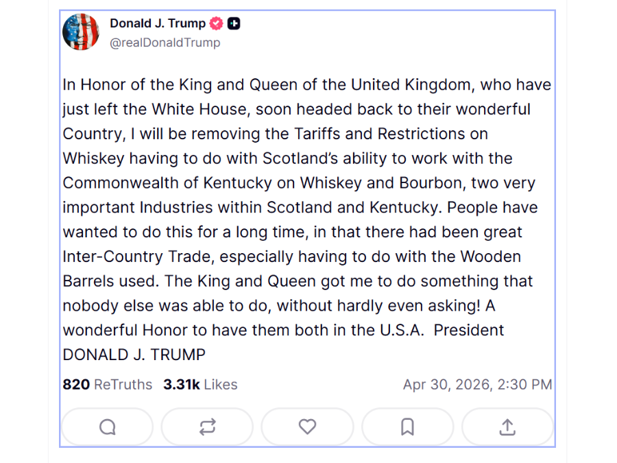 Donald Trump#s post on Truth Social regarding scotch whisky tariffs on 30 April