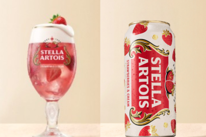 Stella Artois Strawberries & Cream can and branded glass