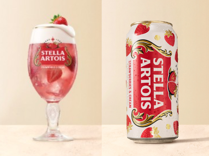 Stella Artois Strawberries & Cream can and branded glass