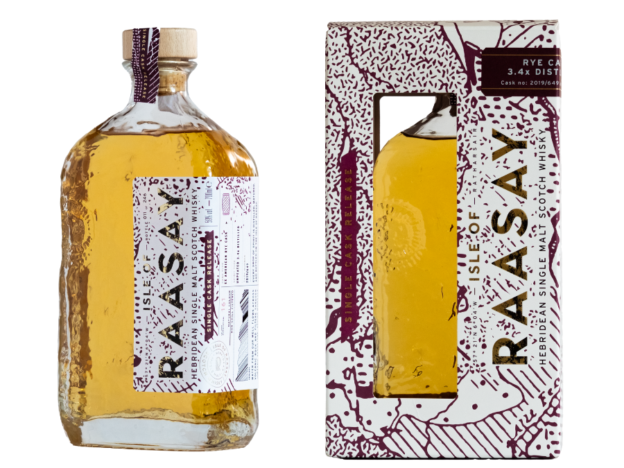 Isle of Raasay Distillery's Rye Cask 3.4 x Distilled bottle and box