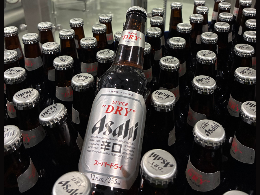 Asahi Super Dry bottles on bottling line