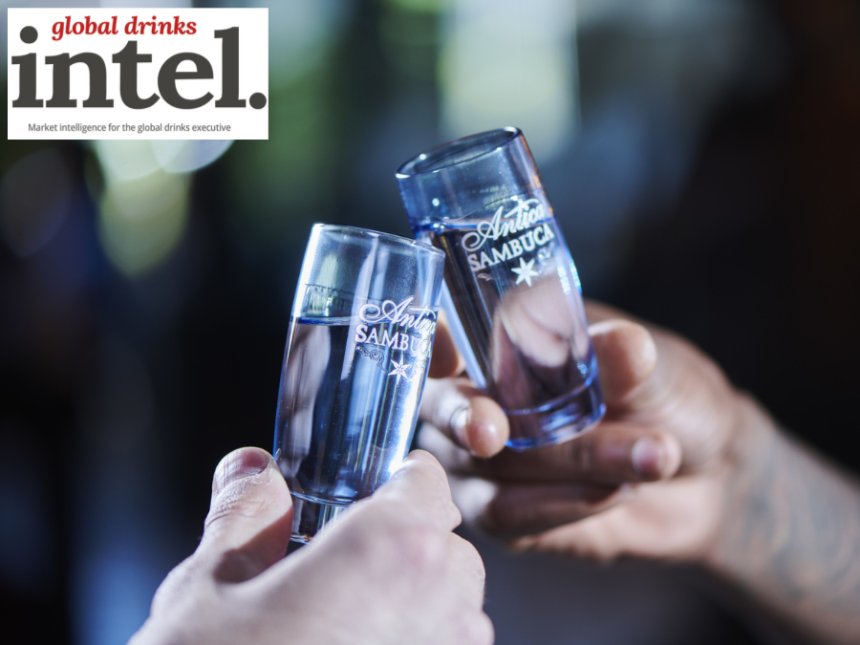 Antica-branded glasses of sambuca