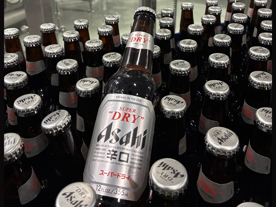 Asahi Super Dry bottles on bottling line