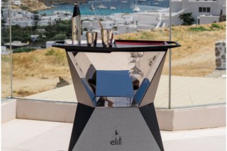 Elit-branded serving bar with Mykonos backdrop