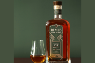 Remus Repeal Reserve Rye Whiskey bottle with glass