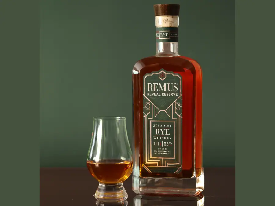 Remus Repeal Reserve Rye Whiskey bottle with glass