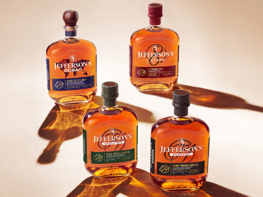 Jefferson's Bourbon new look - The lineup includes Jefferson's Very Small Batch Bourbon, Jefferson's Triple-Rye, Jefferson's Reserve 8-Year-Old and Jefferson's Ocean Aged at Sea