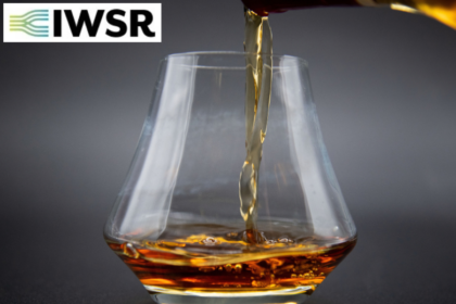 Glass of brown spirits with IWSR logo
